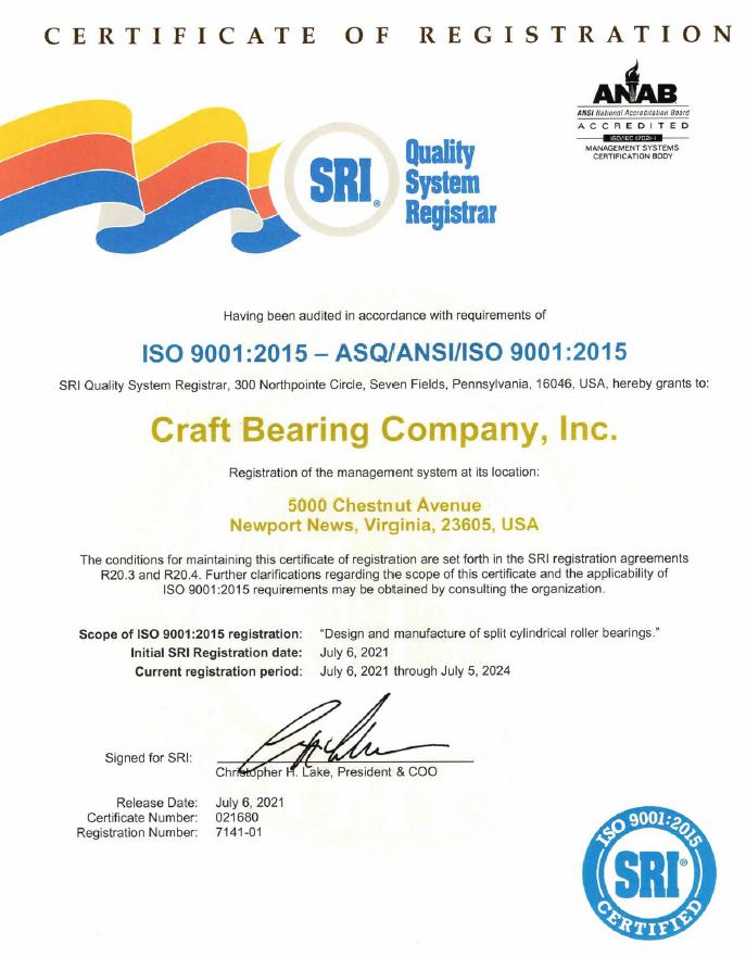 Craft Bearing ISO 9001:2015 Certificate Link